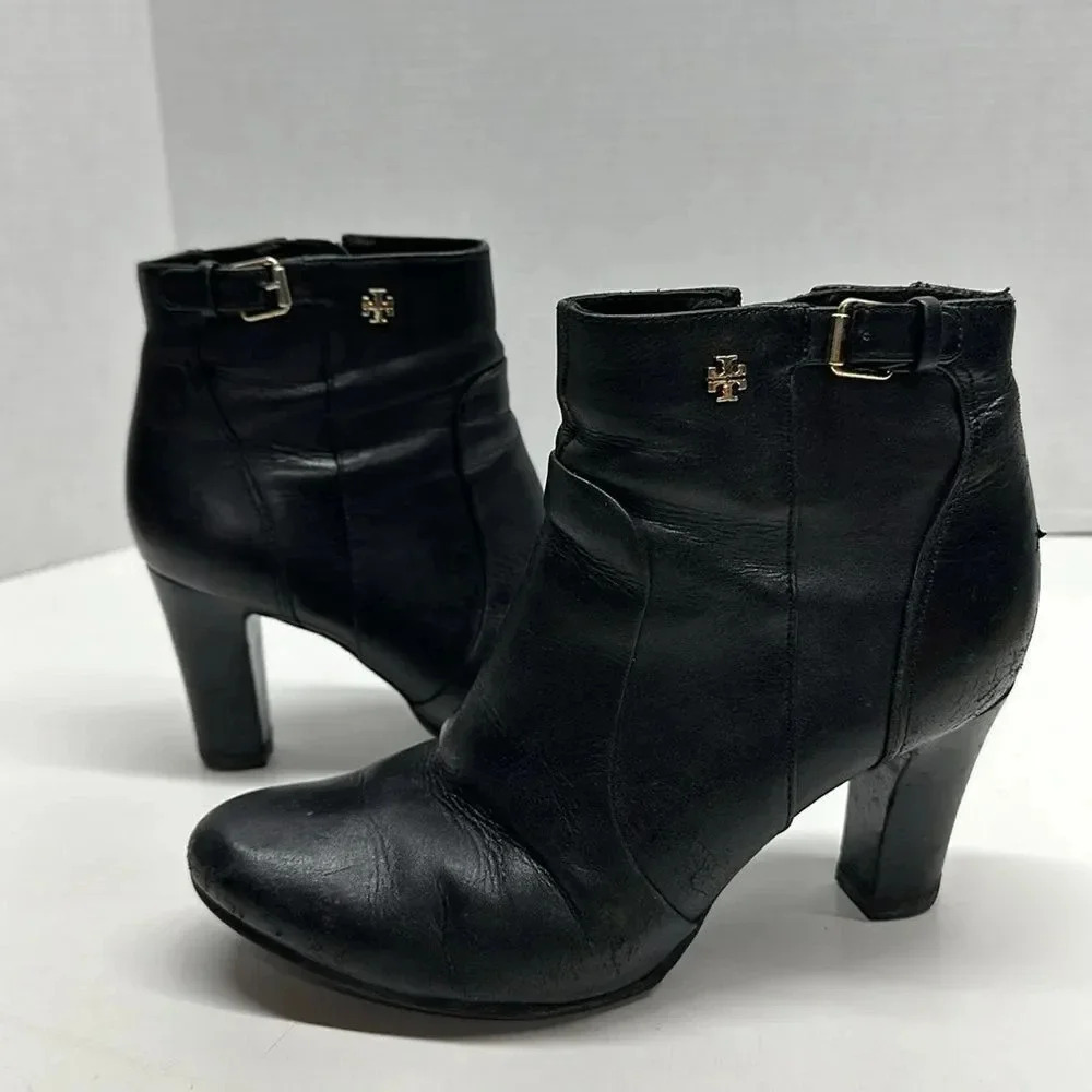 Tory Burch Milan Heeled Boots Ankle Booties Leather Black Gold Buckle Size 7.5
